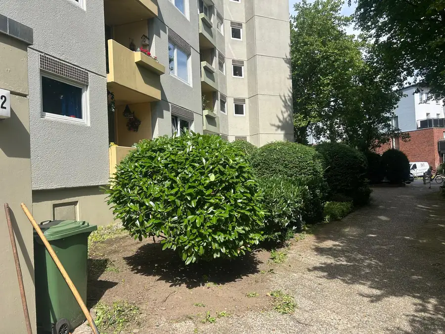 Hauseingang eines Wohnblocks, davor ein rund geschnittener Strauch und eine grüne Mülltonne an der Wand, rechts ein freier Weg